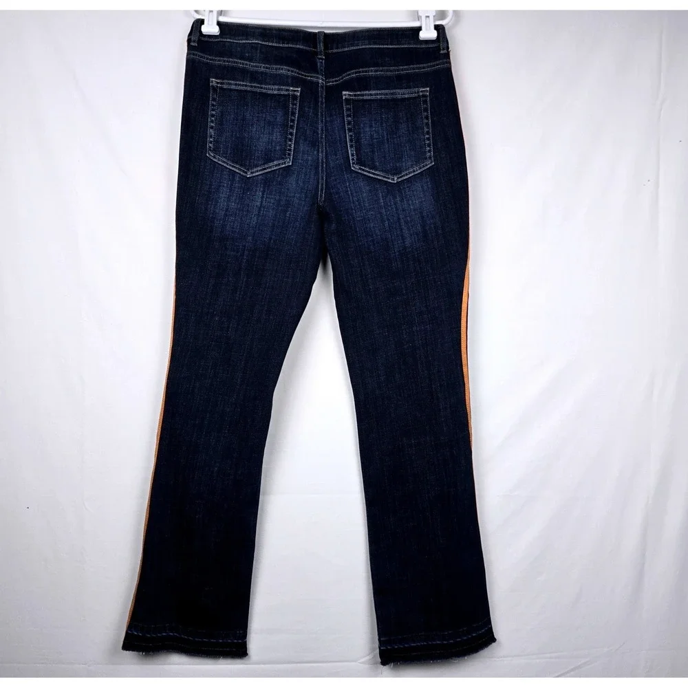 LOGO Lori Goldstein Bootcut Jeans Side Stripe Raw Hem Dark Wash Blue 12 New